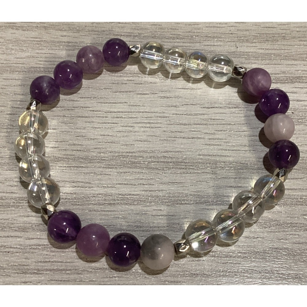 Silvertone‎ Bracelet w/ Purple & Clear & Silver Accent Beads Vintage